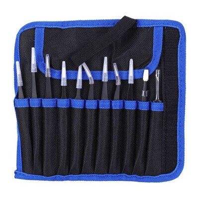 11Pcs Accuracy Tweezers Canvas Bag Set Stainless Steel Strai