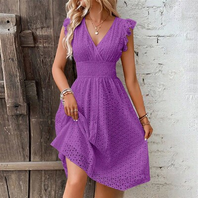 Womens Dress Lace Jacquard Hollow Out Slim V Neck Elastic