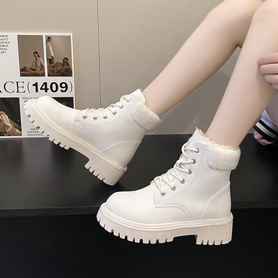 Rimocy Thicken Plush Ankle Boots for Women Lace-Up Waterproo