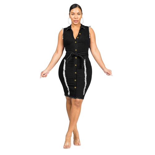 Summer New Woman Sleeveless Ripped Denim Dress Fashion Slim