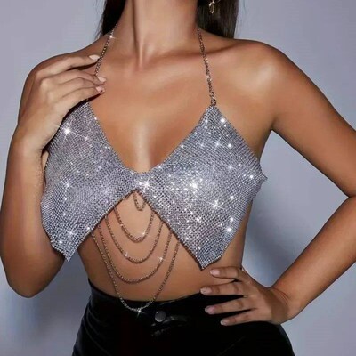 Womens Sexy Halter Backless Metal Chain Rhinestones Crop Top