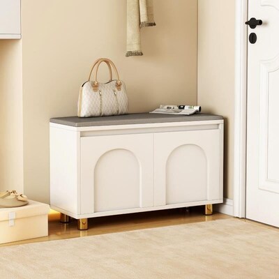 Cream style shoe changing stool with a seated shoe cabinet