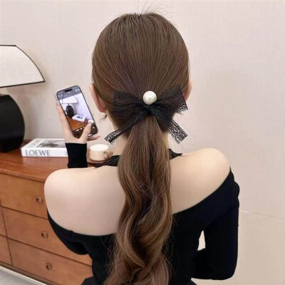Black Bow Hair Accessory Satin Scrunchie Back-of-Head Hair B