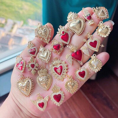 New in Sacred Red Heart Charm Victorian Love Zircon Charm Pe