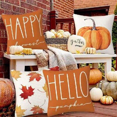 Autumn Pillow Covers 18 X 18 Inches Pumpkins Thankful Fall