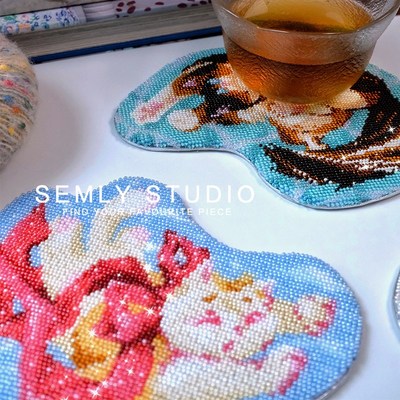 【SEMLY STUDIO 】[材料包]满珠绣小猫咪杯垫摆件挂饰手工刺绣diy