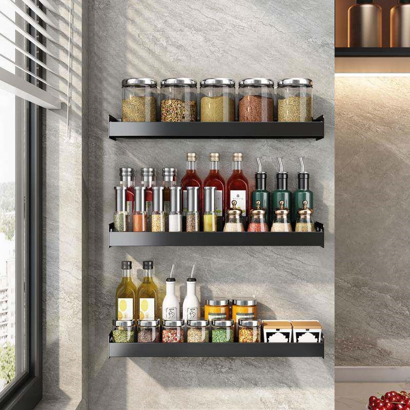 spice rack Kitchen shelf wall hanger hole free storage rack - 实物图
