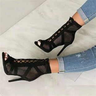 Cross Heel Show High Sexy Strap Fabric Net Black Fashion New