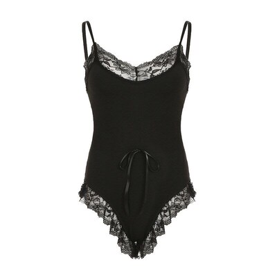 Sexy Dark Lace VNeck Strappy Bodysuit 2025 Slim Tied Inner T