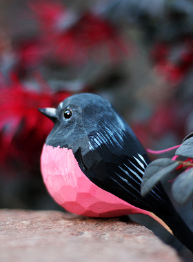 鹿妖商店 肥啾鸟木雕 粉红鸲鹟纯手工摆件 黑鸟 招桃花