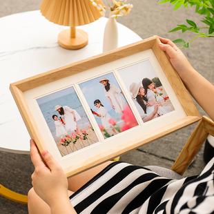 洗照片加相框二宫格三联装裱家庭成长记录照摆台相册展示实木画框