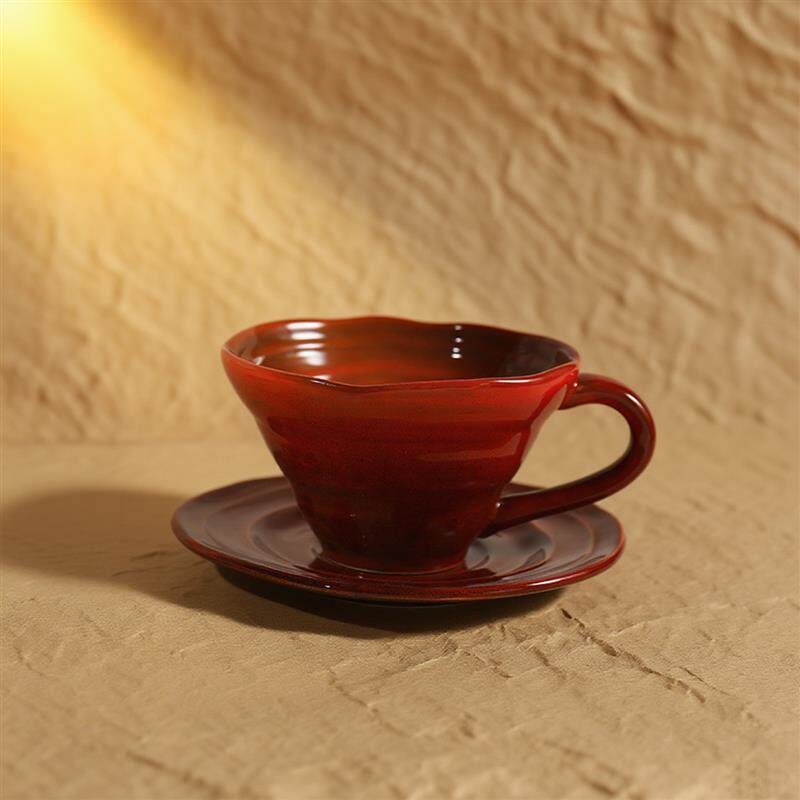 窑变红手冲咖啡杯碟早餐牛奶杯旋纹斗笠麦片杯碟家用餐厅手持杯碟