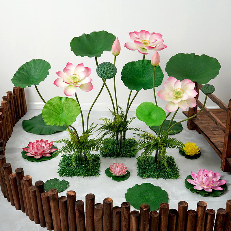 荷花仿真花手感假荷叶中式水池装饰造景芦苇绿植景观舞蹈摆设道具