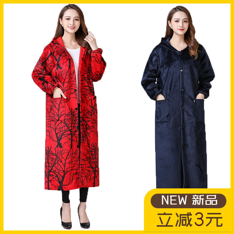 超加长水晶绒冬季罩衣大人女士长袖围裙加绒厚大套褂工作服男护衣