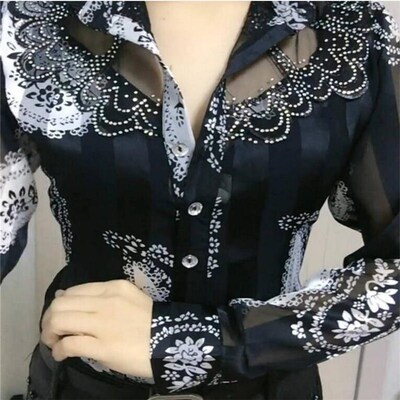 ndy Setwear Offce Women Blouses Hot drill Mesh Chiffon
