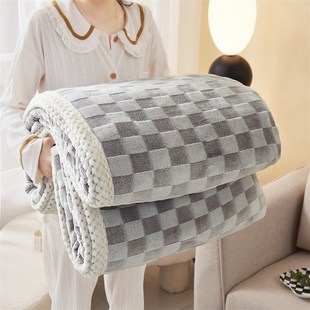 复古棋盘格兔毛绒毯加厚冬季办公室午睡毯沙发盖毯珊瑚绒空调毯子