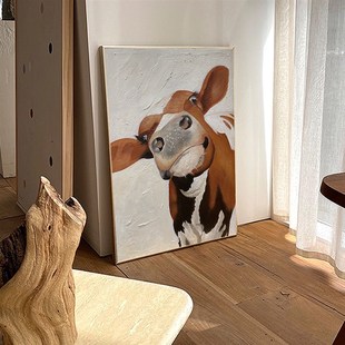 现代牛气冲天客厅可爱动物牛装饰画肌理高级油画玄关餐厅中古挂画