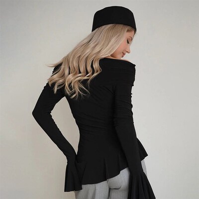 2025 Womens High-end ops Long-sleeved Ruffled Slim-fit T-sh