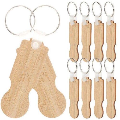 10Pcs Bamboo Keychain Shopping Metal Keyrings Cart Token