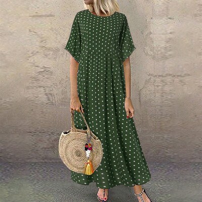 Polka Dot Dress Female 2025 Round Neck Short Sleeve Long Dre