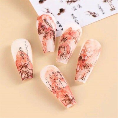 Chinese Character Nail Sticker Ink Flower Leaf For Nails