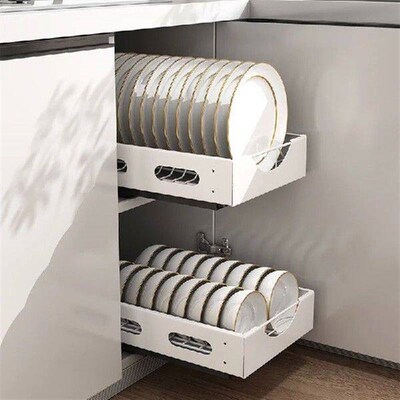 Kitchen Dish Storage Rack, Built-in Pull-out Partition