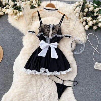 Sexy Maid Cosplay Uniform Lace Patchwork Womens Dress Backl