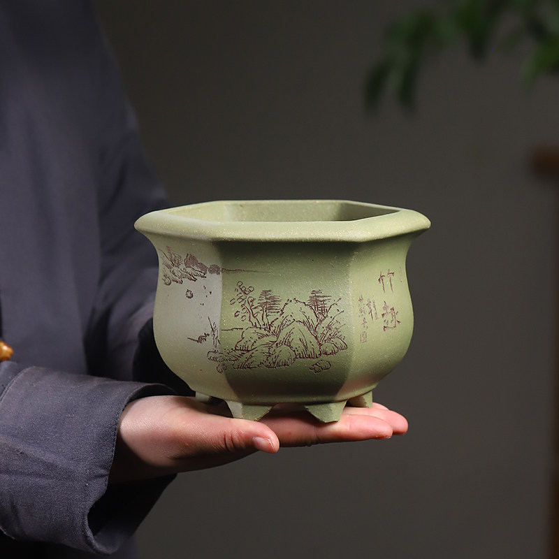 清香阁 宜兴果绿泥紫砂 匠人手工古典山水六方桌面绿植花器小兰花