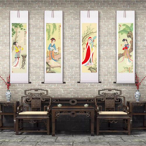 复古四条屏山水花卉人物茶室客厅书房高清装饰卷轴挂画