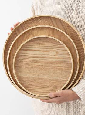 日式木质托盘圆圆形REQ盘家用创复古意盘收纳盘甜茶品盘餐盘