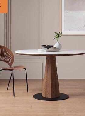 实木圆形岩板桃桌圆桌餐复古胡色家用餐厅饭桌FAFA简约黑小户型纯