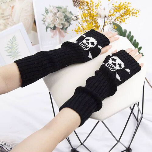 Black Women Gothic Gloves Winter Wrist Arm Warmer Skull Knit