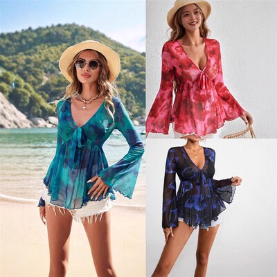 Printed Deep V Sexy Womens Vacation Top Bikini Beach Blouse