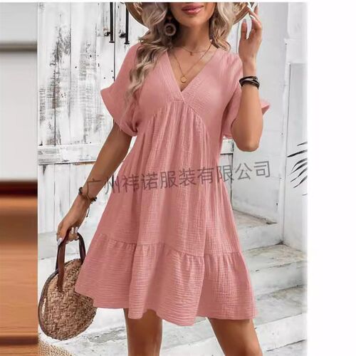Independent 2025 Solid lor V-neck Loose Pleated Dress Women