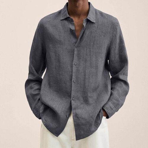 Long sleeved collar cotton linen shirt for men