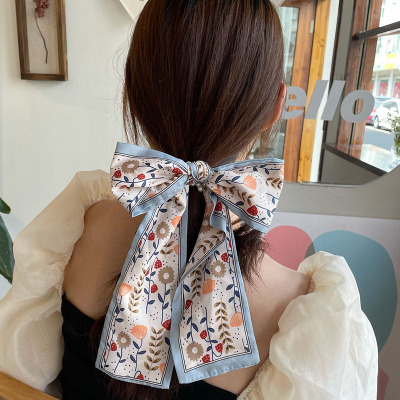 Korea Long Ribbon Pearls Hair Bands Bow Hair Scrunchies For