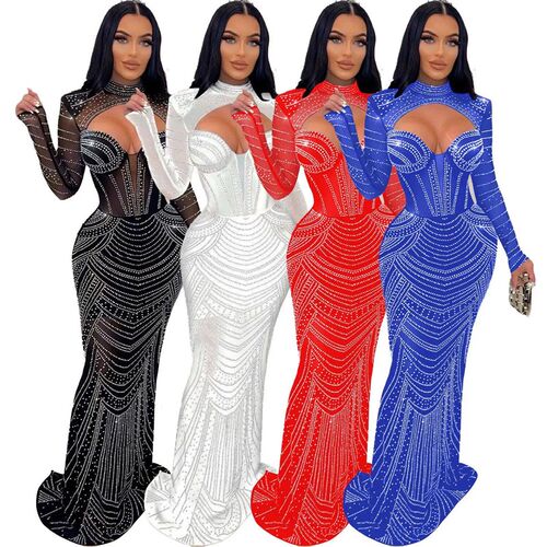 Leosd Sexy Sparkly Mesh Long Party Dress with Rhinestones Wo