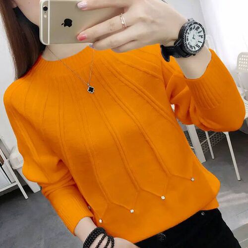 Fashion O-Neck Solid Color Diamonds Sweater Womens Clothing