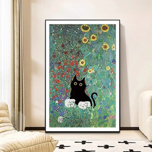 搞怪趣味装饰画现代艺术客厅卧室高级感挂画小黑猫油画墙壁装饰画