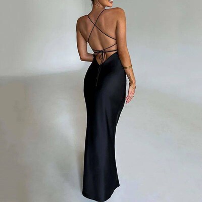Sexy Spaghetti Strap Satin Dresses Women Elegant Backless La