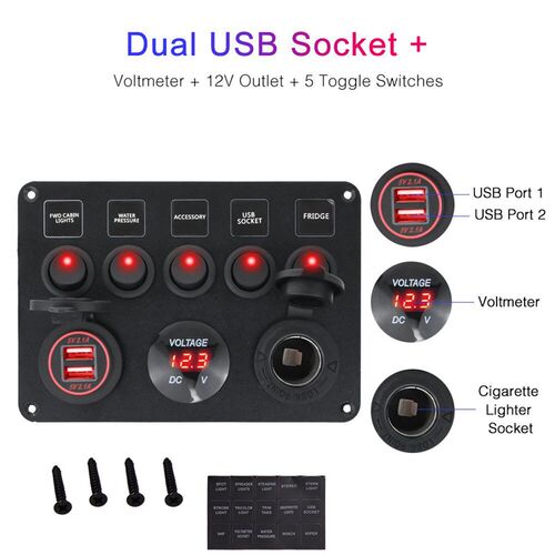 Waterproof  Switch Panel 12~24V Dual USB Port Digital Voltm