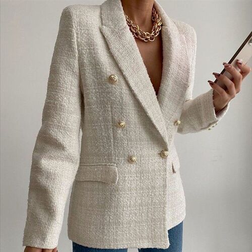 2023 Women Fashion Double Breasted Houndstooth Blazer Coat V