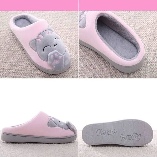 Women Winter Warm Slippers Cartoon Cat Shoes Furry Plush Sli