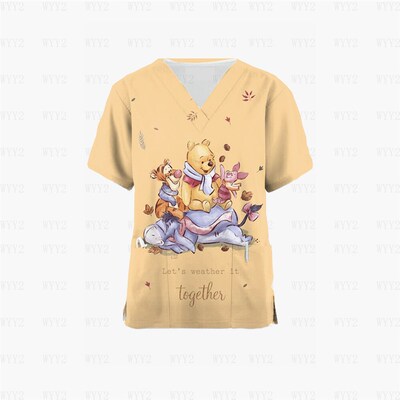 Summer Workwear Scrubs Ladies Printed  Winnie the Pooh Carto
