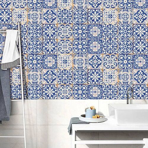 Blue and White Porcelain Tile Sticker 24pcs Self Adhesive Ho