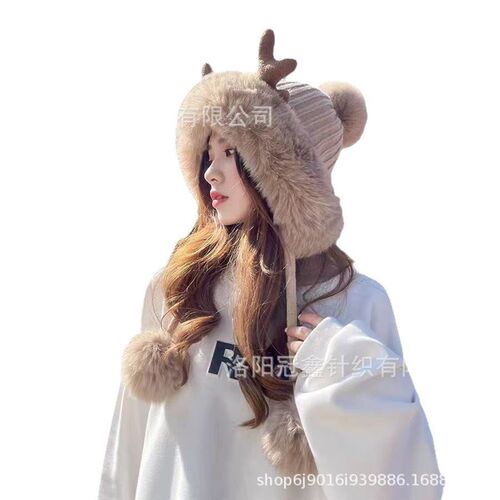 Korean Style Cute Antler Horn Fur Ball Cap Womens Ear Prote