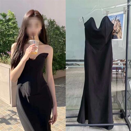! Yi Menglin Black Dress V-Neck Strapless Fishbone Slim-Fit