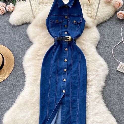 SINGREINY Backless Halter Dress Single Breasted Sashes