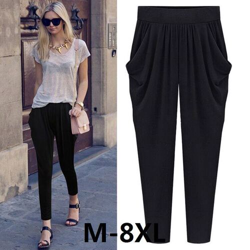 Summer Womens Harem Pants High Waist Loose Straight Ankle-le