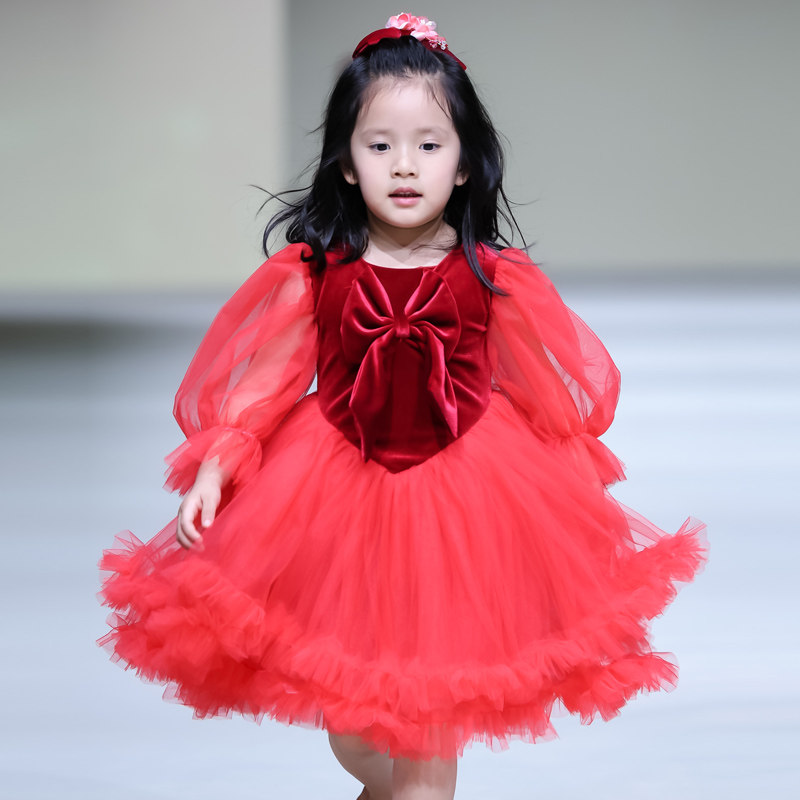 Hanakimi英国麒美品牌轻奢高端女童新年红色丝绒连衣裙花童晚礼服